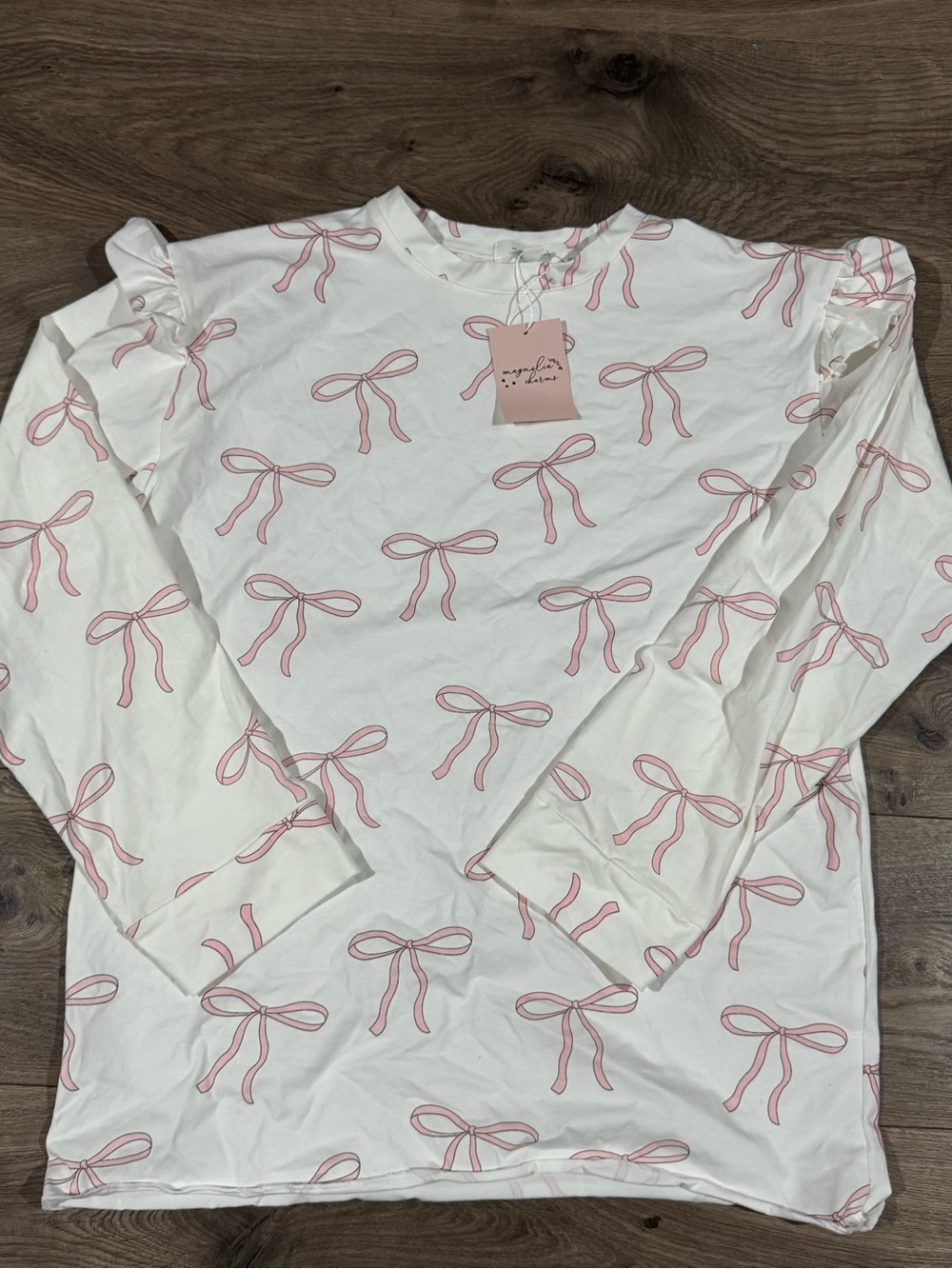 Magnolia White Long-Sleeve Top with Pink Bow Print
